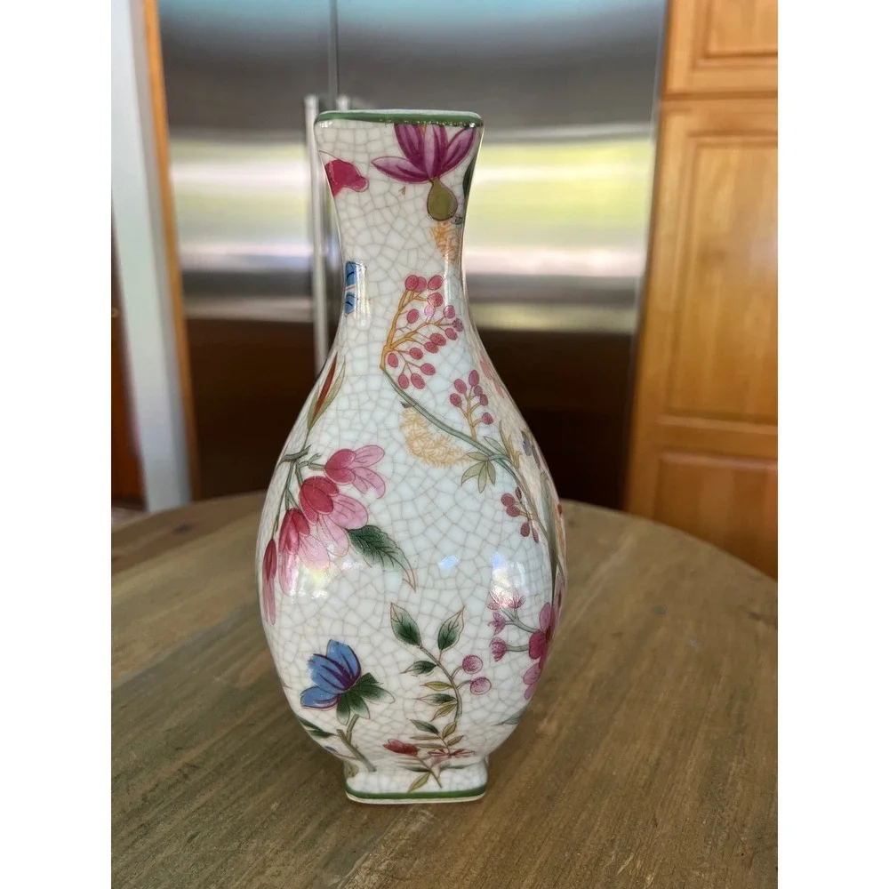 Vintage Chinoiserie Crackle Glaze Floral Ceramic Vase Gold Accents 8.75